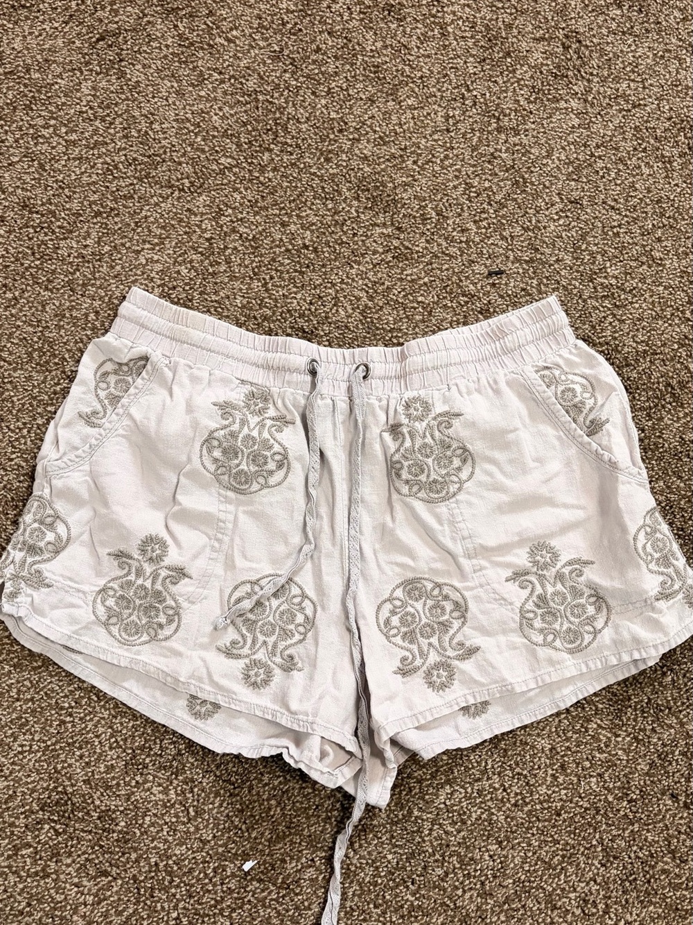 Women's Embroidered Cream Drawstring Athletic Shorts